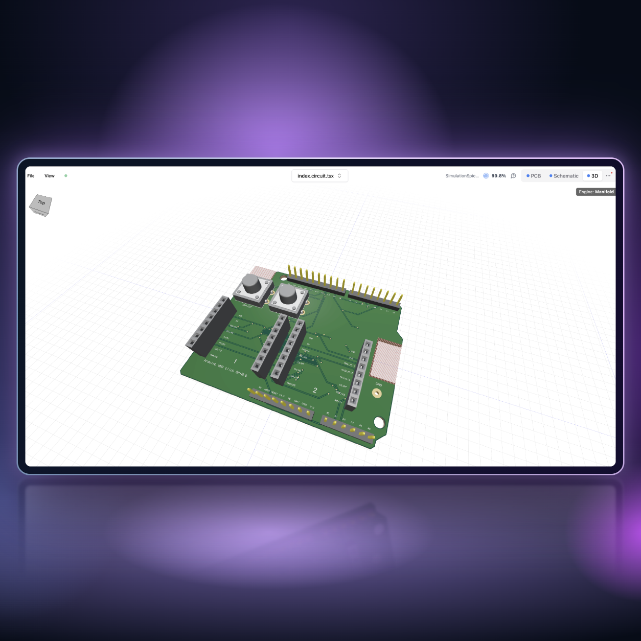 Tinnie AI's PCB design tool showing an Arduino UNO click shield board in 3D, with the PCB, schematic and 3D views in the toolbar